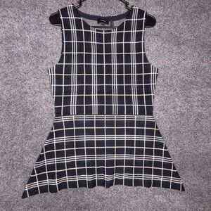 Theory Kalora Lustrate Navy White Windowpane Plaid Peplum Knit Top Womens Medium